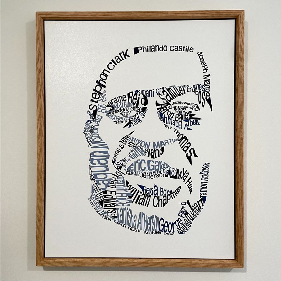 Framed portrait built entirely from names, lettered in navy, black, and gray.